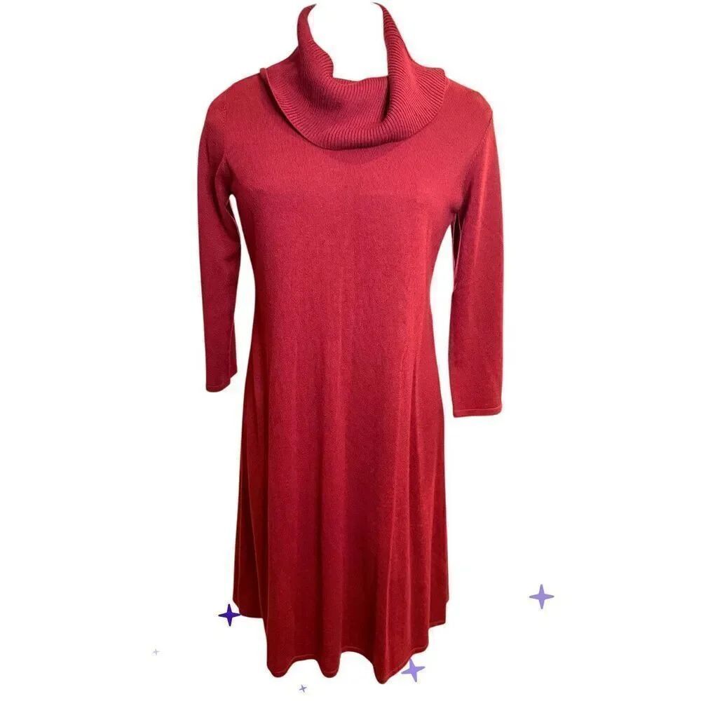 Kasper Knit Sweater Dress Cowl Neck Large Red 3/4 Sleeves Holidays